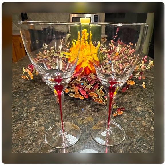 Pier 1-Pair of Red ‘Teardrop’ Hand Blown Wine Glasses